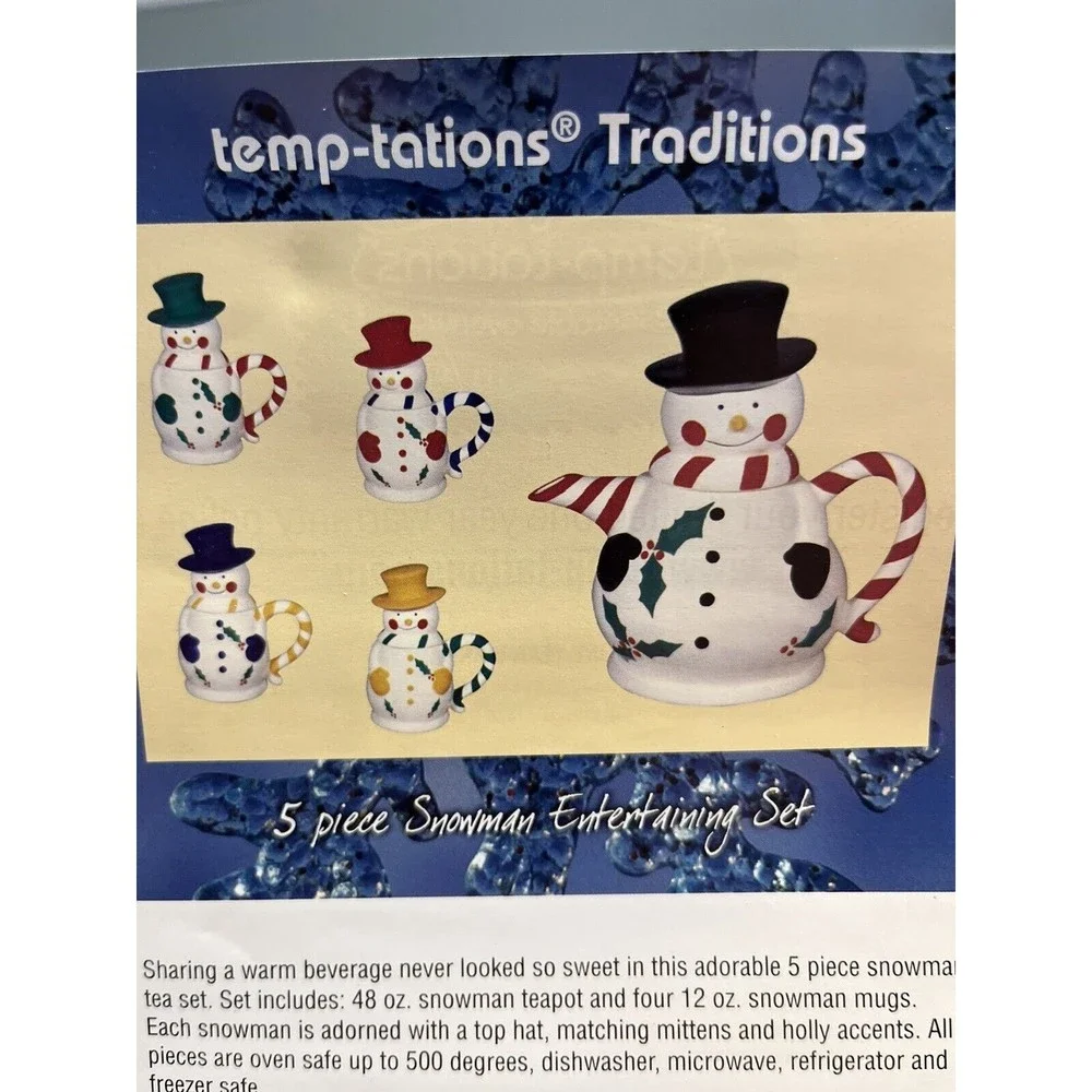 Temptations 5-Piece Snowman Entertaining Tea Set NIB. 48oz Teapot & 4 12oz Mugs